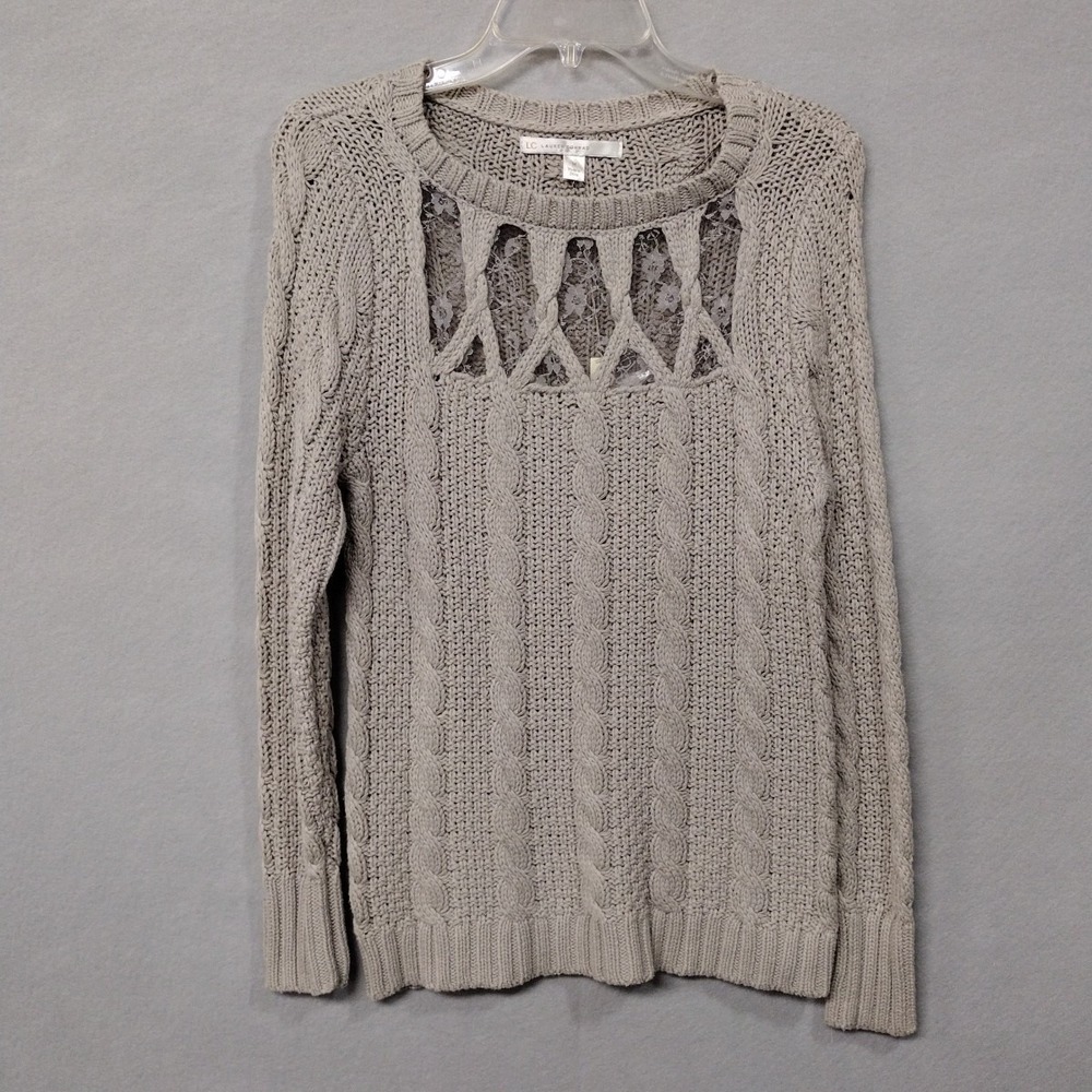Lauren Conrad Cable Knit Sweater Women's M Long Sleeve Lace Cotton Blend Gray